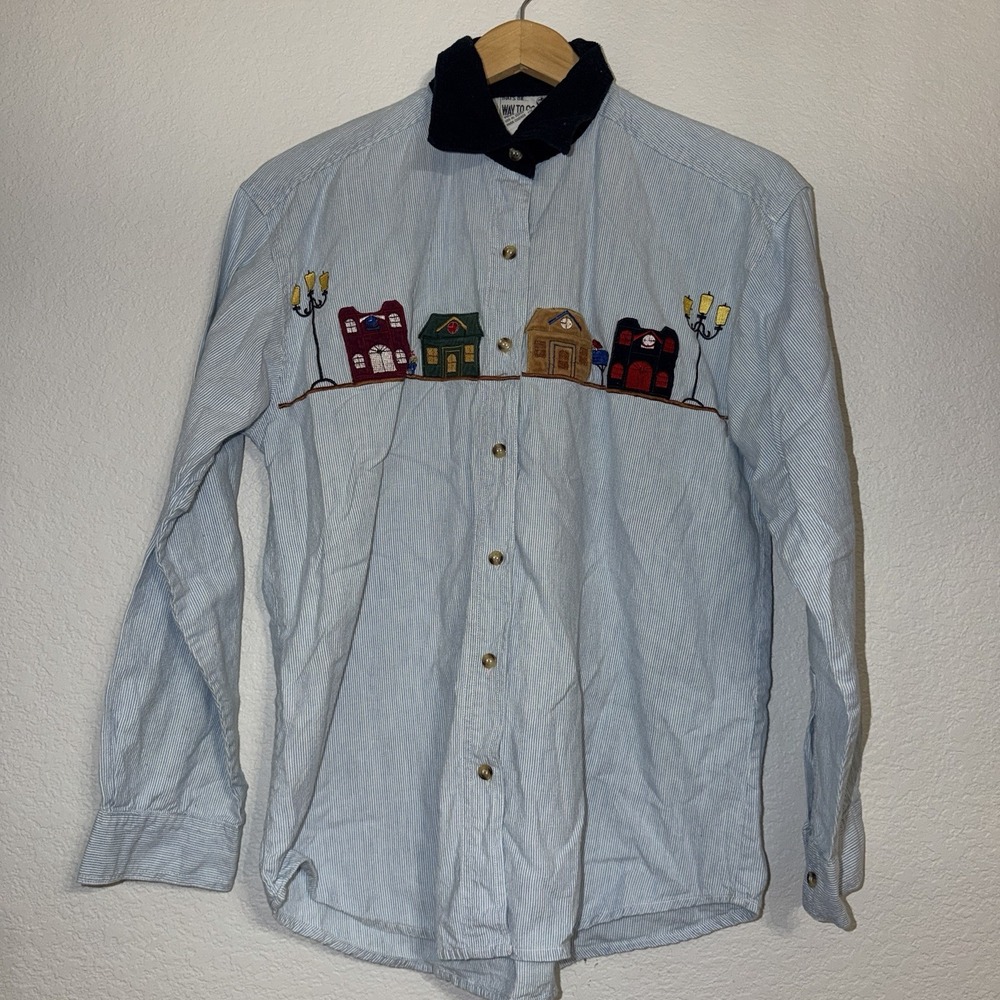 Vintage 90s Way To Go Embroidered House Scene Pinstripe Shirt Womens M